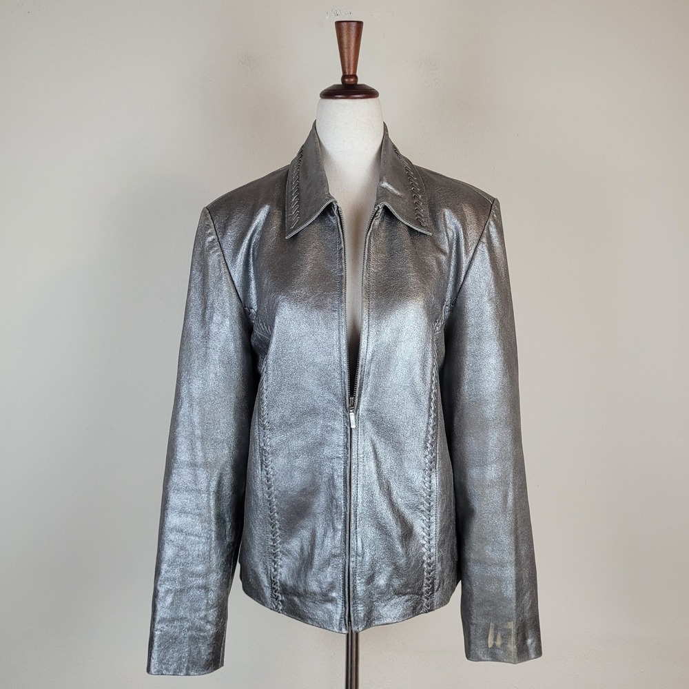 Anage Jacket Medium Silver Metallic Leather Whipstitch Glam Rock Cyber Y2K Moto